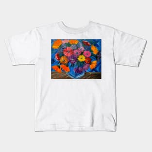 A beautiful bouquet flowers in a glass and gold vase . Using my favorite colors as vibrant background Using Acrylic and metallic paints. Kids T-Shirt